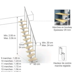 Matisere Escalier droit 13 marches - Hauteur à franchir de 2.80m à 3.32m - Largeur 60cm - Couleur bois et blanc - SMALL60/I-SGNAT-13- Escalier Droit