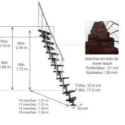 Matisere Escalier droit 11 marches - Hauteur à franchir 2.06 à 2.70m- Largeur 65cm - Structure grise et marche noyer - NIZZA60/I/SGMNO-11- Escalier Droit