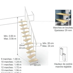 Matisere Escalier droit 13 marches - Hauteur à franchir de 2.80m à 3.32m - Largeur 60cm - Couleur bois et blanc - SMALL60/I-SBNAT-13- Escalier Droit