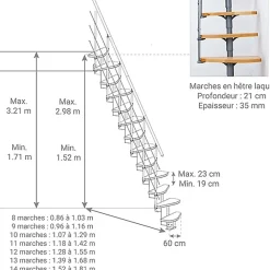 Matisere Escalier droit 10 marches - Hauteur à franchir 2.09 à 2.29m - Largeur 65cm - Structure grise et marche hêtre - QUATR65/I-GB-10- Escalier Droit