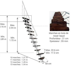 Matisere Escalier droit 12 marches - Hauteur à franchir 2.23 à 2.94m - Largeur 65cm - Structure blanche et marche noyer -- Escalier Droit