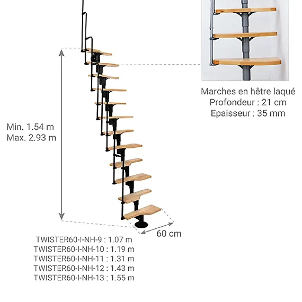 Matisere Escalier Droit<Escalier droit 10 marches - Hauteur à franchir 1.89 à 2.49m - Noir et Hêtre - TWISTER60-I-NH-10