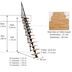 Matisere Escalier Droit<Escalier droit 12 marches - Hauteur à franchir 2.23 à 2.94m - Largeur 65cm - Structure noire et marche hêtre - NIZZA60/I/NH-12