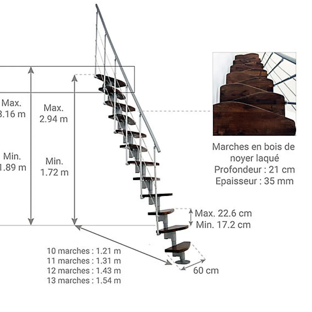 Matisere Escalier droit 12 marches - Hauteur à franchir 2.23 à 2.94m- Largeur 65cm - Structure grise et marche noyer - NIZZA60/I/SGMNO-12- Escalier Droit