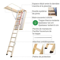 Matisere Escalier Escamotable<Escalier escamotable isolé - Trémie de 70 x 100cm - Hauteur de 2.53 à 2.80m - LTK70100-2