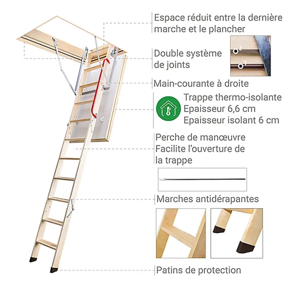 Matisere Escalier Escamotable<Escalier escamotable isolé - Trémie de 70 x 100cm - Hauteur de 2.53 à 2.80m - LTK70100-2
