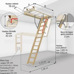Matisere Escalier escamotable isolé - Trémie de 60 x 100cm - Hauteur de 2.53 à 2.80m - LTK60100-2- Escalier Escamotable