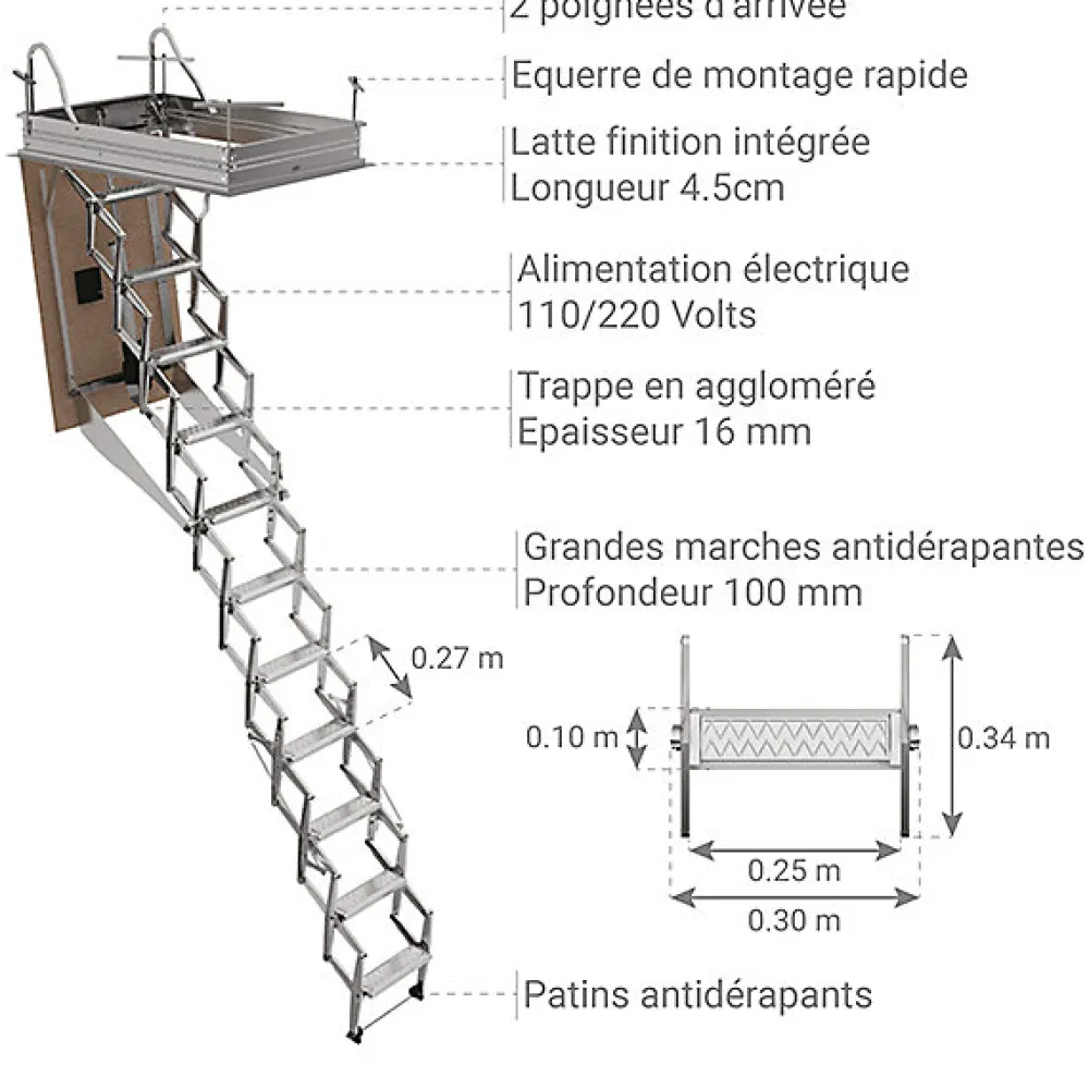 Matisere Escalier Escamotable<Escalier escamotable électrique - Trappe : 60x130cm - Hauteur max 3.00m - FGM60/130-300-C