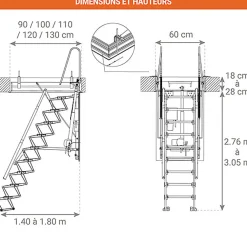 Matisere Escalier Grenier Electrique - Trappe 60x110cm - Hauteur 2.76 à 3.05m - ACI-THE300G/110X60- Escalier Escamotable