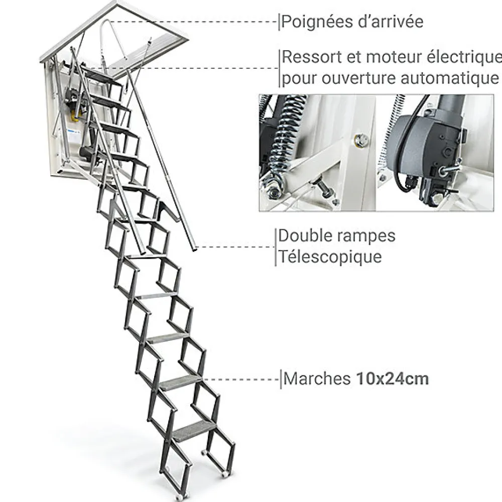 Matisere Escalier Grenier Electrique - Trappe 60x100cm - Hauteur 2.76 à 3.05m - ACI-THE300G/100X60- Escalier Escamotable