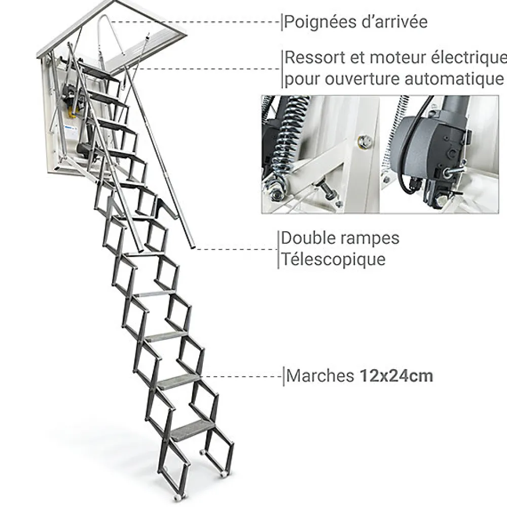 Matisere Escalier Grenier Electrique - Trappe 70x120cm - Hauteur 2.76 à 3.05m - ACI-THE300G/120X70- Escalier Escamotable