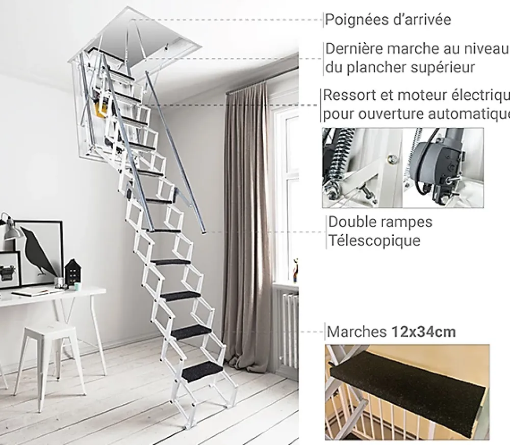 Matisere Escalier Escamotable<Escalier Grenier Electrique - Trappe 70x130cm - Hauteur 2.76 à 3.05m - ACI-THE300B/130X70
