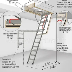 Matisere Escalier métal coupe feu 60min - 3.60m sous plafond - Trémie 86x144cm - LMF60/86144-360- Escalier Escamotable