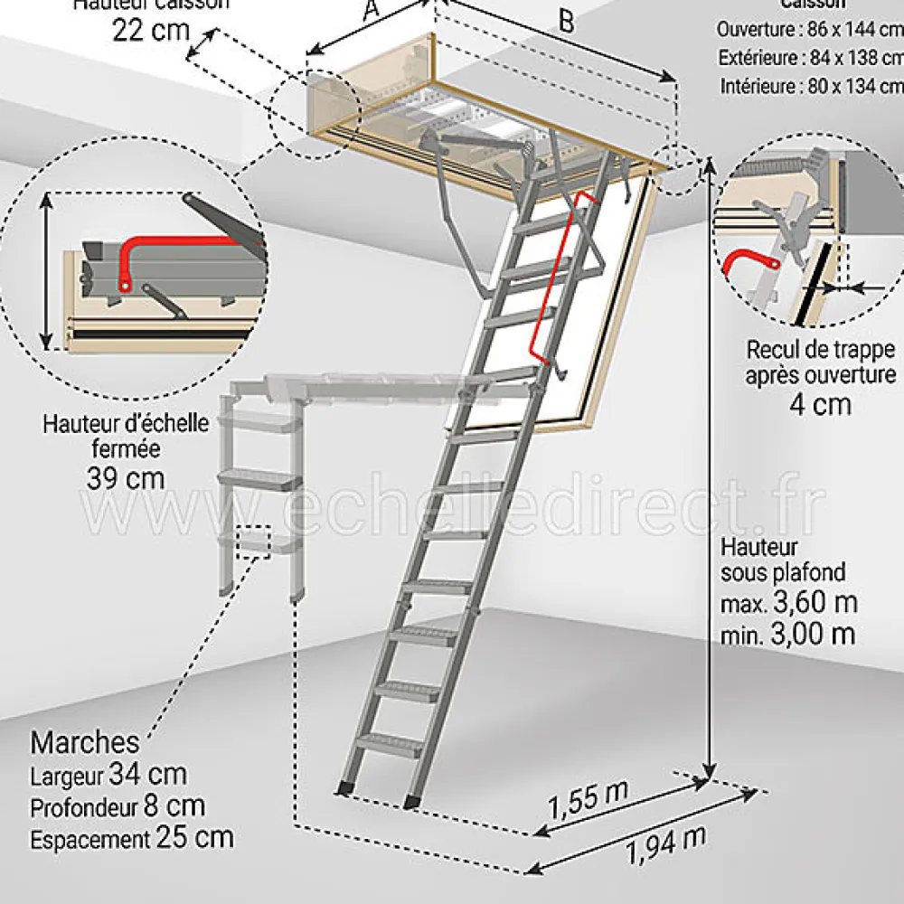 Matisere Escalier métal coupe feu 60min - 3.60m sous plafond - Trémie 86x144cm - LMF60/86144-360- Escalier Escamotable