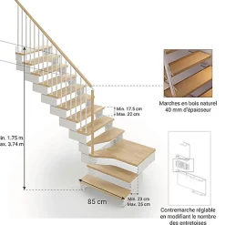 Matisere Escalier Quart Tournant<Escalier quart tournant 10 marches - Hauteur à franchir de 1.93 à 2.42m - Largeur 85 cm - Bois et blanc - Rampe verticale -