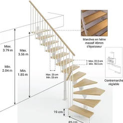 Matisere Escalier quart tournant 15 marches - Hauteur à franchir de 2.97 à 3.56m - Largeur 85cm - Limon central - Bois et blanc -- Escalier Quart Tournant