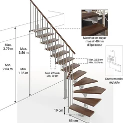 Matisere Escalier Quart Tournant<Escalier quart tournant 13 marches - Hauteur à franchir de 2.60 à 3.11m - Largeur 85cm - Limon central - Noyer et anthracite -