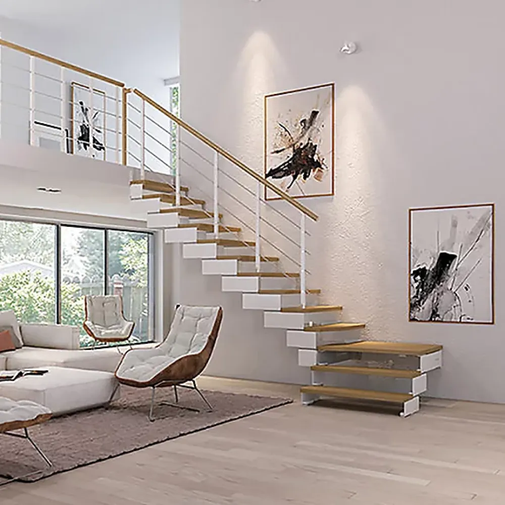 Matisere Escalier quart tournant 9 marches - Hauteur à franchir de 1.85 à 2.20m - Largeur 85 cm - Bois et blanc - Rampe verticale -- Escalier Quart Tournant