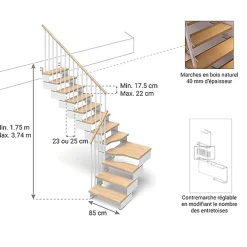 Matisere Escalier Quart Tournant<Escalier quart tournant 13 marches - Hauteur à franchir de 2.45 à 3.08m - Largeur 85 cm - Bois et blanc - Rampe horizontale -