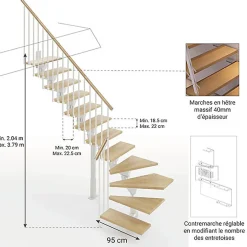 Matisere Escalier Quart Tournant<Escalier quart tournant 10 marches - Hauteur à franchir de 2.04 à 2.44m - Largeur 95cm - Limon central - Bois et blanc -