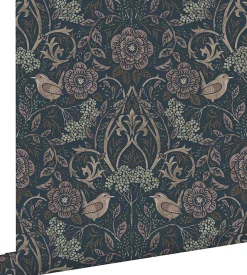 Estahome Papier Peint<papier peint fleurs et oiseaux bleu foncé et vieux rose - 53 cm x 10.05 m - 139832
