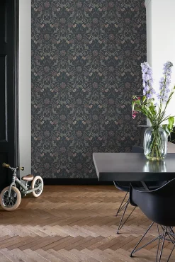 Estahome Papier Peint<papier peint fleurs et oiseaux bleu foncé et vieux rose - 53 cm x 10.05 m - 139832