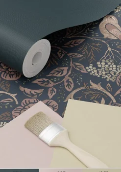 Estahome Papier Peint<papier peint fleurs et oiseaux bleu foncé et vieux rose - 53 cm x 10.05 m - 139832