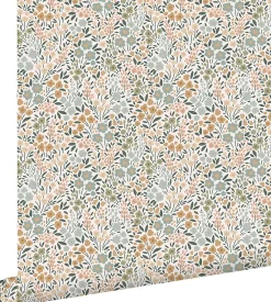 Estahome papier peint fleurs bleu grisâtre, rose terracotta et vert - 53 cm x 10.05 m - 139837- Papier Peint