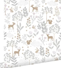 Estahome Papier Peint<papier peint forêt avec des animaux de la forêt lilas violet et beige - 53 cm x 10.05 m - 139520