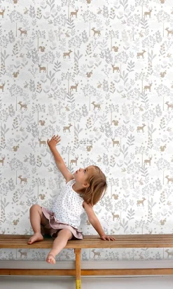 Estahome Papier Peint<papier peint forêt avec des animaux de la forêt lilas violet et beige - 53 cm x 10.05 m - 139520