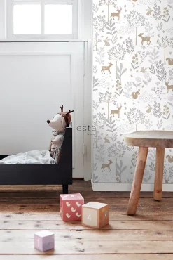 Estahome Papier Peint<papier peint forêt avec des animaux de la forêt lilas violet et beige - 53 cm x 10.05 m - 139520