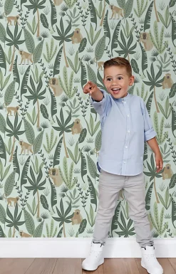 Estahome Papier Peint<papier peint singes de la jungle vert menthe et vert foncé - 53 cm x 10.05 m - 139073