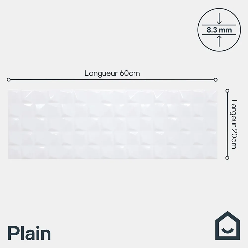 GoodHome Faïence murale blanc brillant avec relief L.60 x l.20 cm x ép.8,3 mm, Plain- Faïence Unie|Faïence Pour Douche