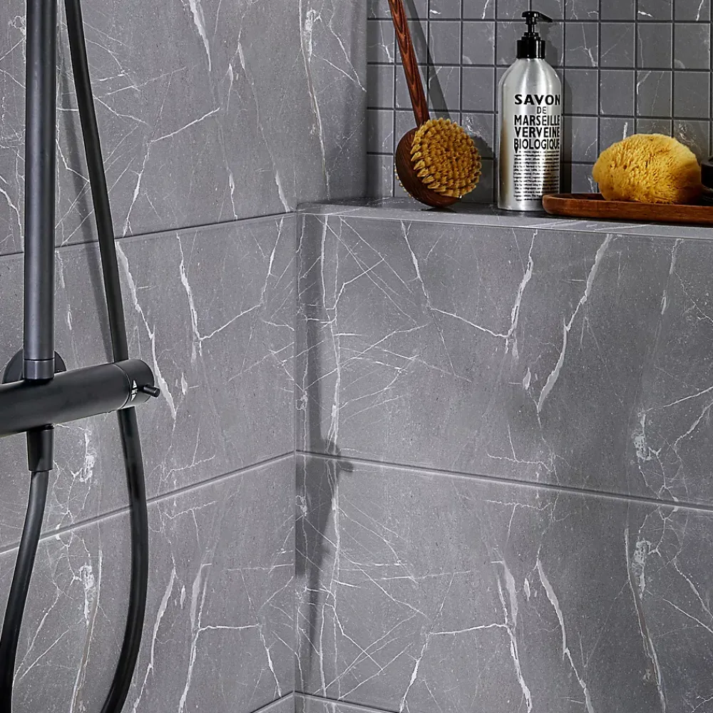 GoodHome Faïence murale effet marbre gris L.60 x l.20 cm x ép.9,4 mm, Aruma- Faïence Effet Marbre|Faïence Pour Pièce À Vivre