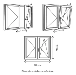 GoodHome Fenêtre Aluminium<Fenêtre 2 vantaux oscillo-battante, tirant droit double vitrage en aluminium blanc l.123 x H.117 cm
