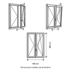 GoodHome Fenêtre 2 vantaux oscillo-battante, tirant droit double vitrage en PVC blanc l.105 x H.188 cm- Fenêtre Pvc