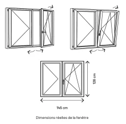 GoodHome Fenêtre 2 vantaux oscillo-battante, tirant droit double vitrage en PVC blanc l.145 x H.128 cm- Fenêtre Pvc