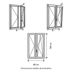 GoodHome Fenêtre Pvc<Fenêtre 2 vantaux oscillo-battante, tirant droit double vitrage en PVC blanc l.85 x H.138 cm