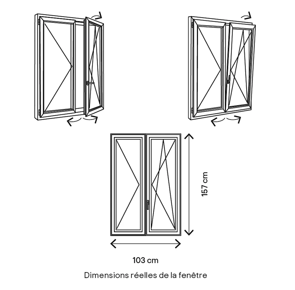 GoodHome Fenêtre Aluminium<Fenêtre 2 vantaux oscillo-battante, tirant droit double vitrage en aluminium Gris l.103 x H.157 cm