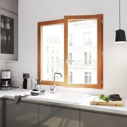 GoodHome Fenêtre 2 vantaux tirant droit double vitrage en bois marron l.125 x H.107,8 cm- Fenêtre Bois