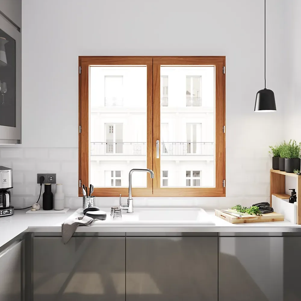 GoodHome Fenêtre 2 vantaux tirant droit double vitrage en bois marron l.125 x H.97,8 cm- Fenêtre Bois