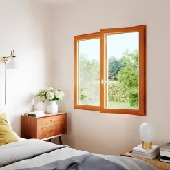GoodHome Fenêtre 2 vantaux tirant droit double vitrage en bois marron l.145 x H.137,8 cm- Fenêtre Bois