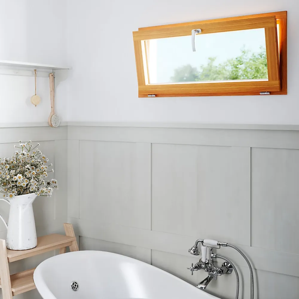 GoodHome Fenêtre abattante par le haut double vitrage en bois marron l.65 x H.47,8 cm- Fenêtre Bois