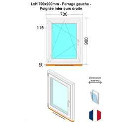 Hexa’Fen Fenêtre PVC - LxH 700x900 mm -Triple Vitrage - Bicolore blanc int/anthracite ext-poignée à droite- Fenêtre Pvc
