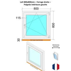 Hexa’Fen Fenêtre Pvc<Fenêtre PVC - LxH 800x800 mm -Triple Vitrage - Bicolore blanc int/anthracite ext-poignée à gauche