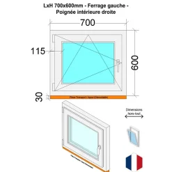 Hexa’Fen Fenêtre Pvc<Fenêtre PVC - LxH 700x600 mm -Triple Vitrage - Bicolore blanc int/anthracite ext-poignée à droite
