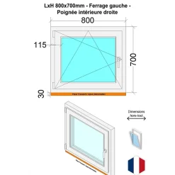 Hexa’Fen Fenêtre Pvc<Fenêtre PVC - LxH 800x700 mm -Triple Vitrage - Blanc -poignée à droite
