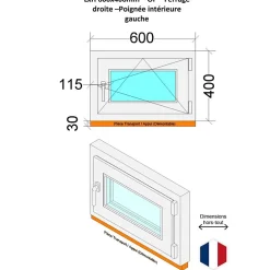 Hexa’Fen Fenêtre Pvc<Fenêtre PVC - LxH 600x400 mm -Triple Vitrage - Blanc -poignée à gauche