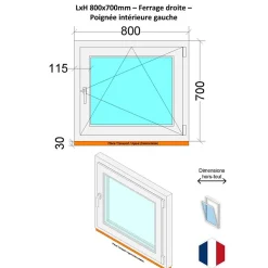 Hexa’Fen Fenêtre Pvc<Fenêtre PVC - LxH 800x700 mm -Triple Vitrage - Blanc -poignée à gauche
