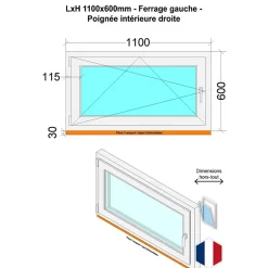 Hexa’Fen Fenêtre PVC - LxH 1100x600 mm -Triple Vitrage - Blanc -poignée à droite- Fenêtre Pvc